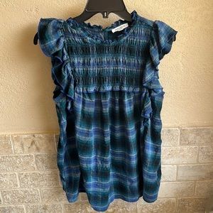 Beach Lunch Lounge Top Size M Blue Plaid Ruffle